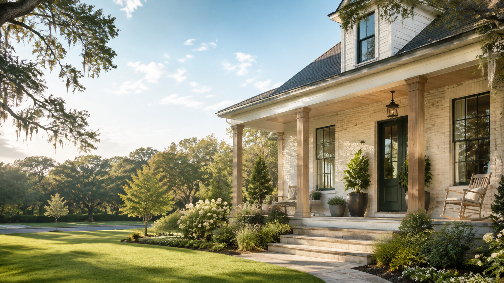 Warm painted-brick southern home with porch and mature landscaping