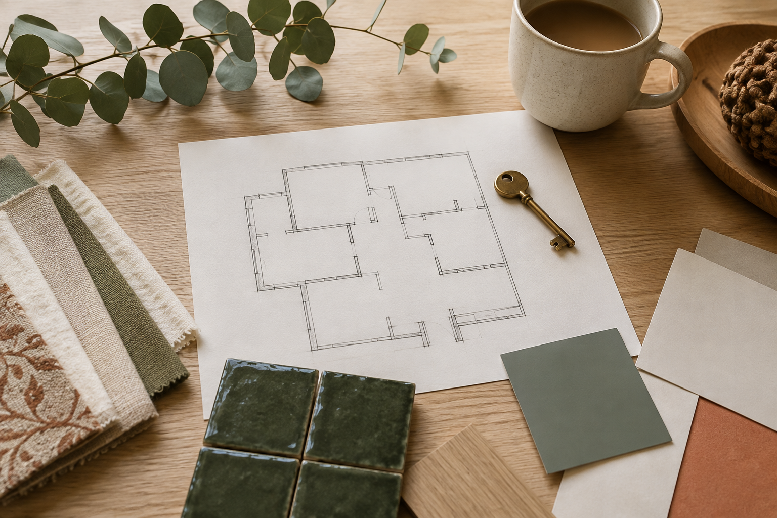Home planning materials, key and green tile samples on a pale oak table