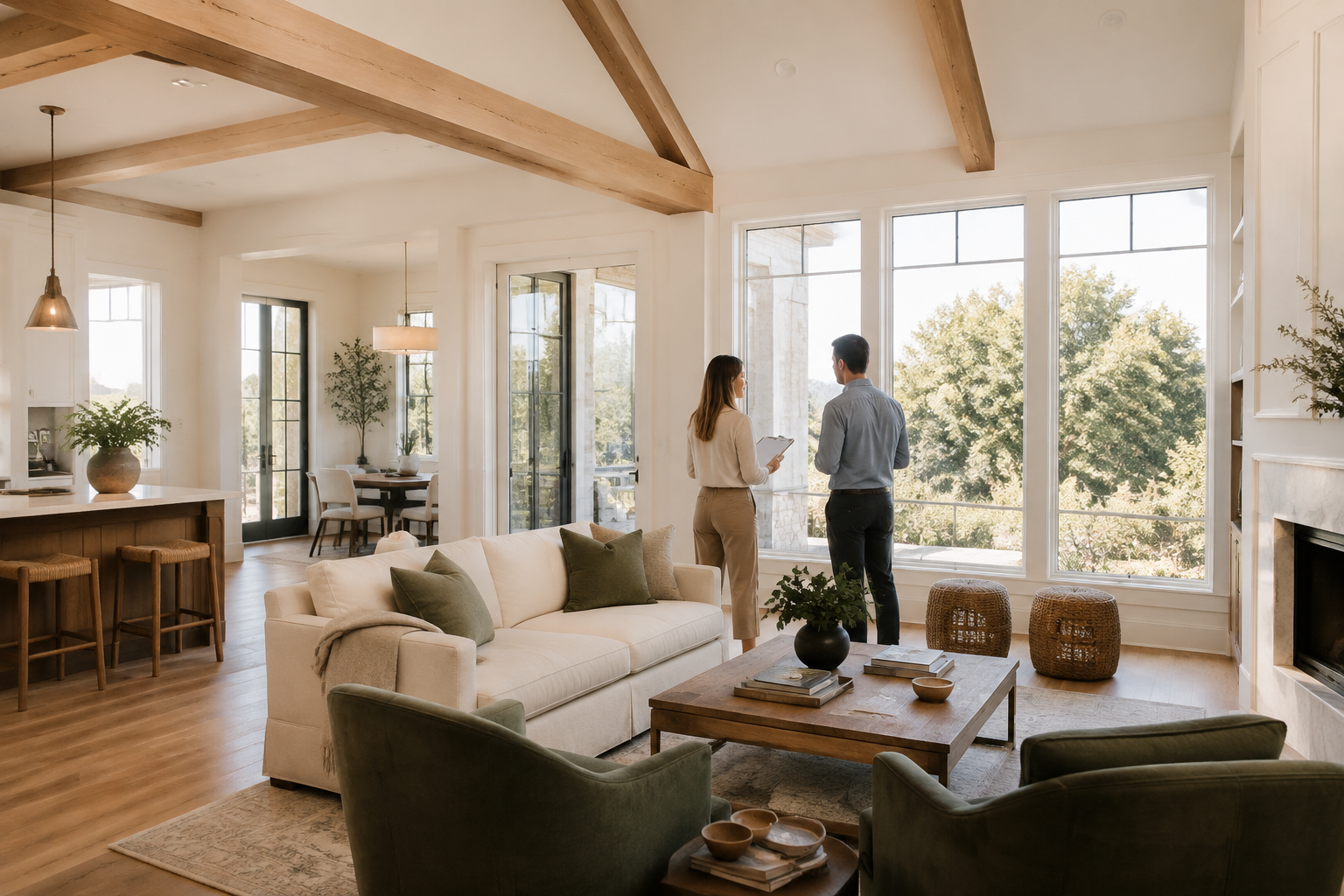Professionals reviewing plans in a bright modern living room
